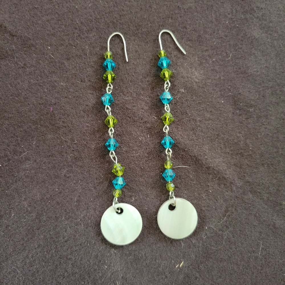 Mixed Green 4" Faceted Crystal and Faux Shell Earrings